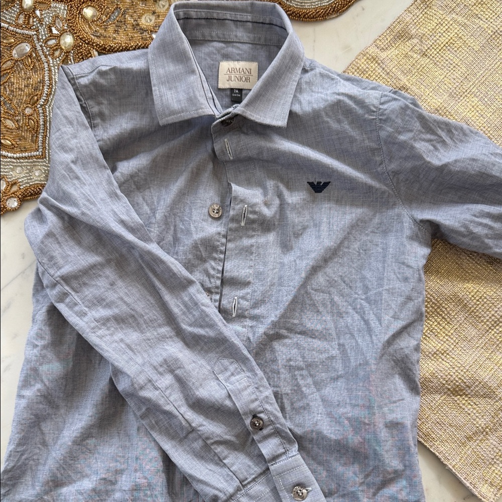Armani Junior Gray Button-Up Dress Shirt with Navy Logo
